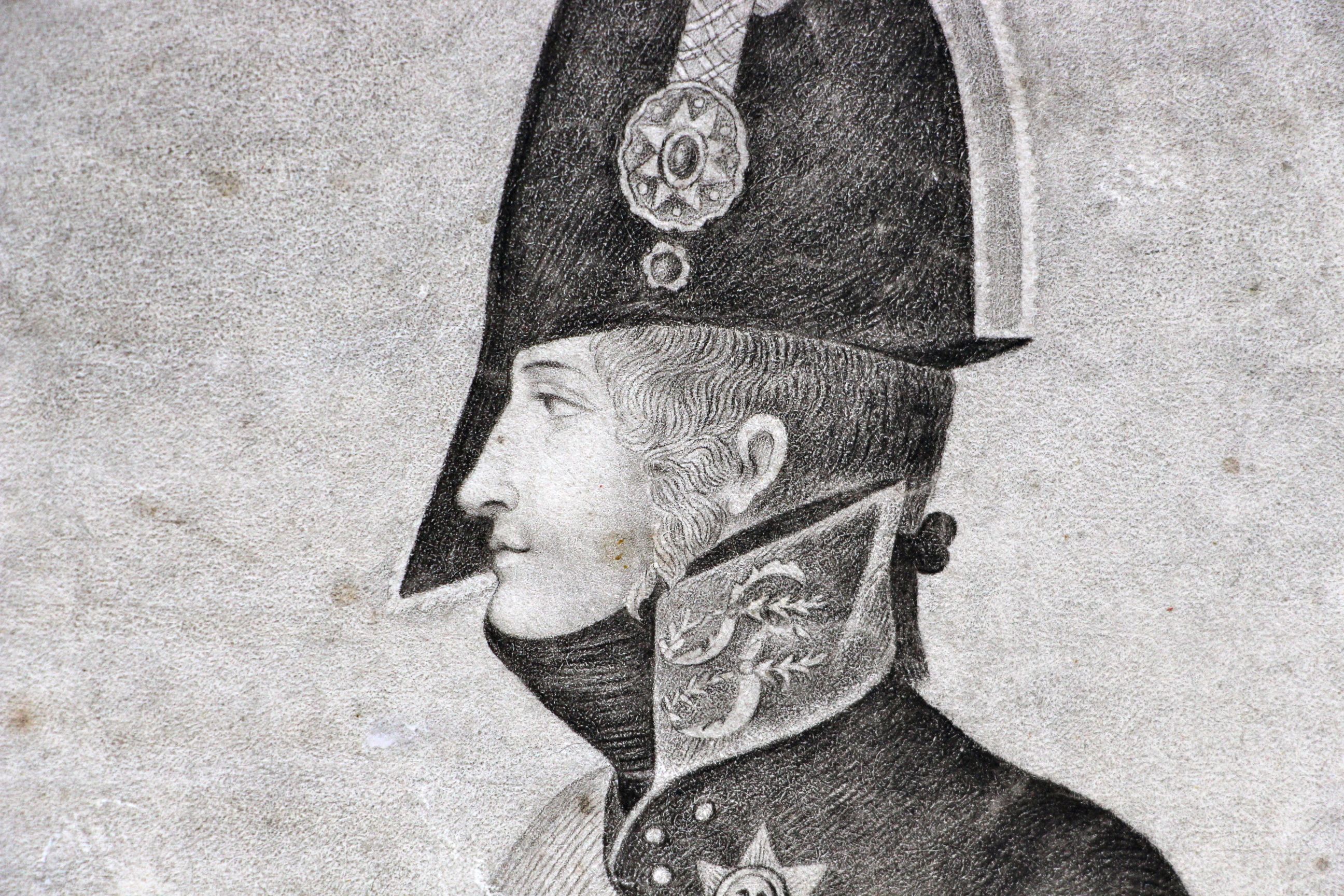 Beau portrait du tsar Alexandre 1er de Russie, dessin d’époque à la mine de plomb.