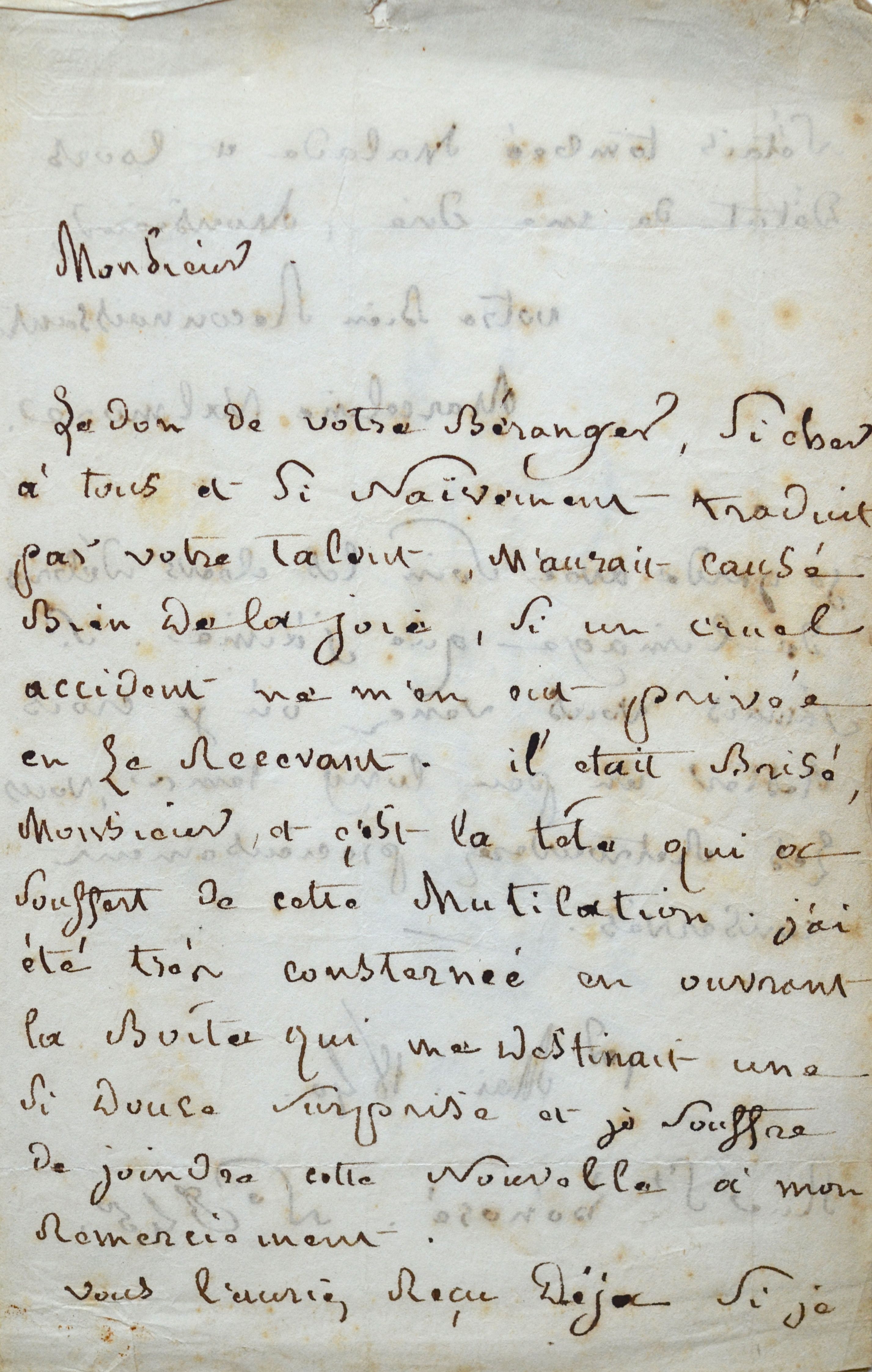 Marceline Desbordes-Valmore effondrée après la casse d’un bas-relief représentant Béranger.