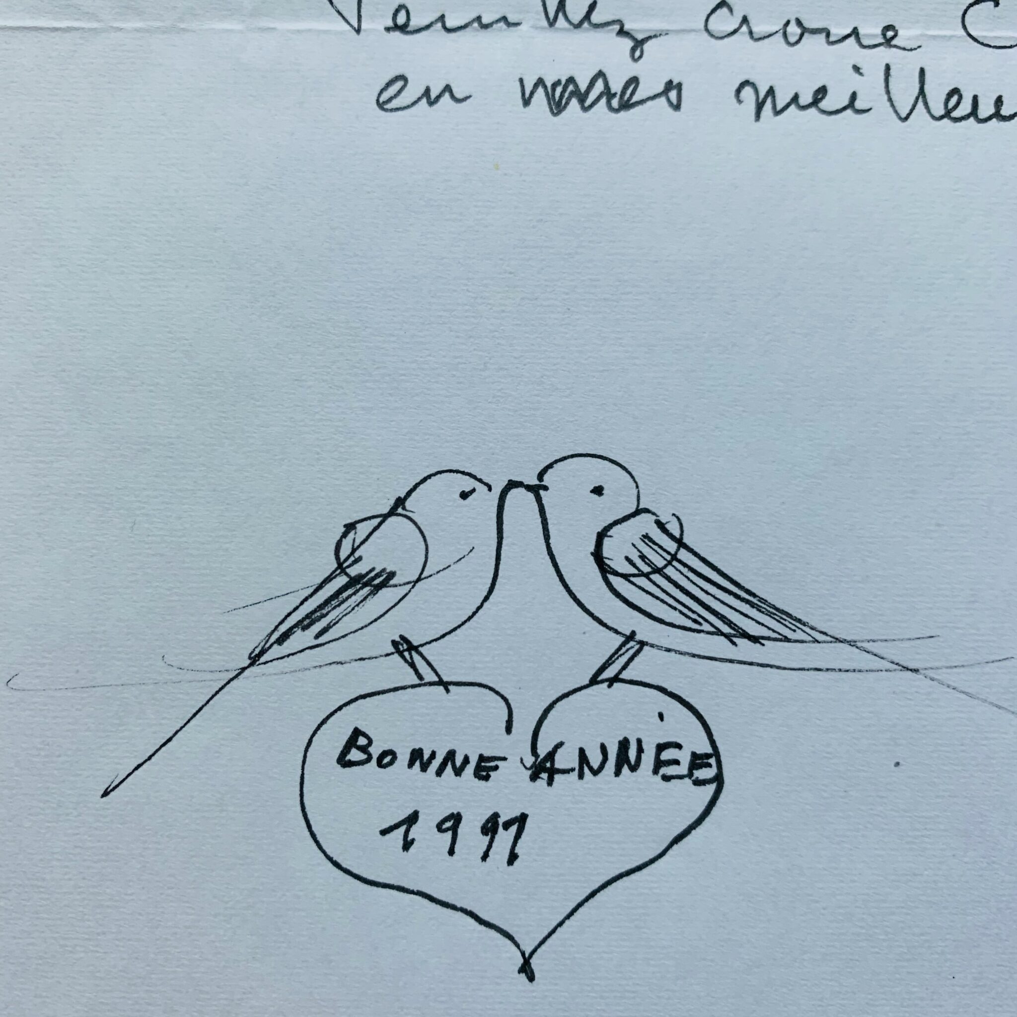 Lettre de Raymond Peynet illustrée d’un couple de tourtereaux