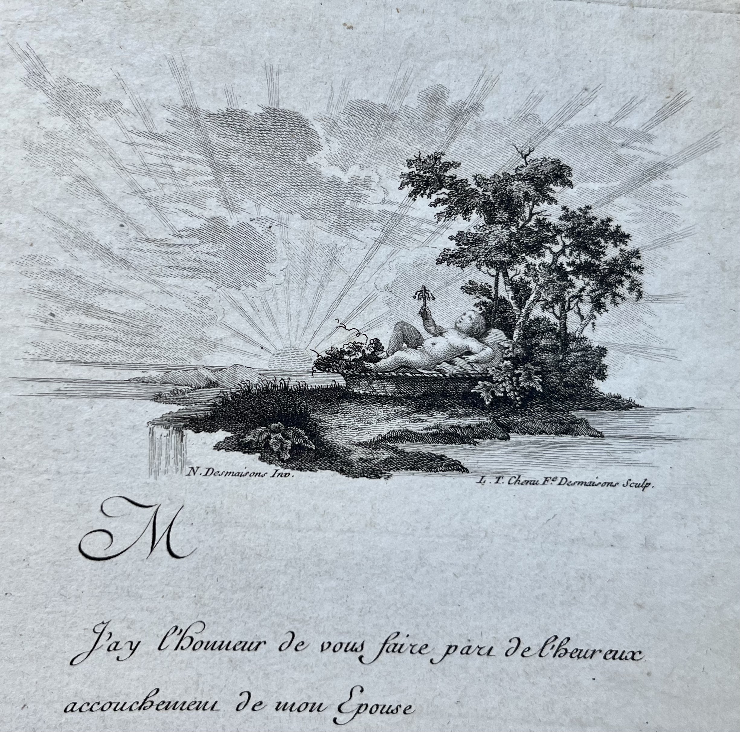 Magnifique faire-part de naissance vierge du XVIIIe siècle, illustré d’un bébé tenant un hochet