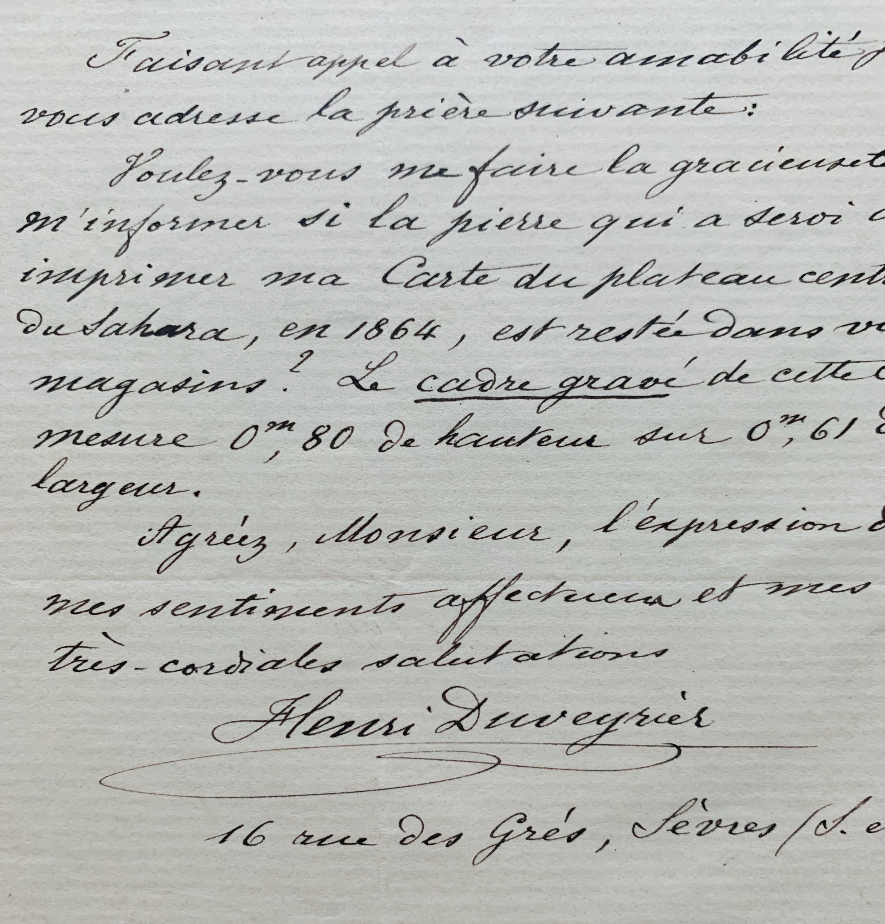 L’explorateur Henri Duveyrier se renseigne sur la pierre lithographique de sa carte du Sahara
