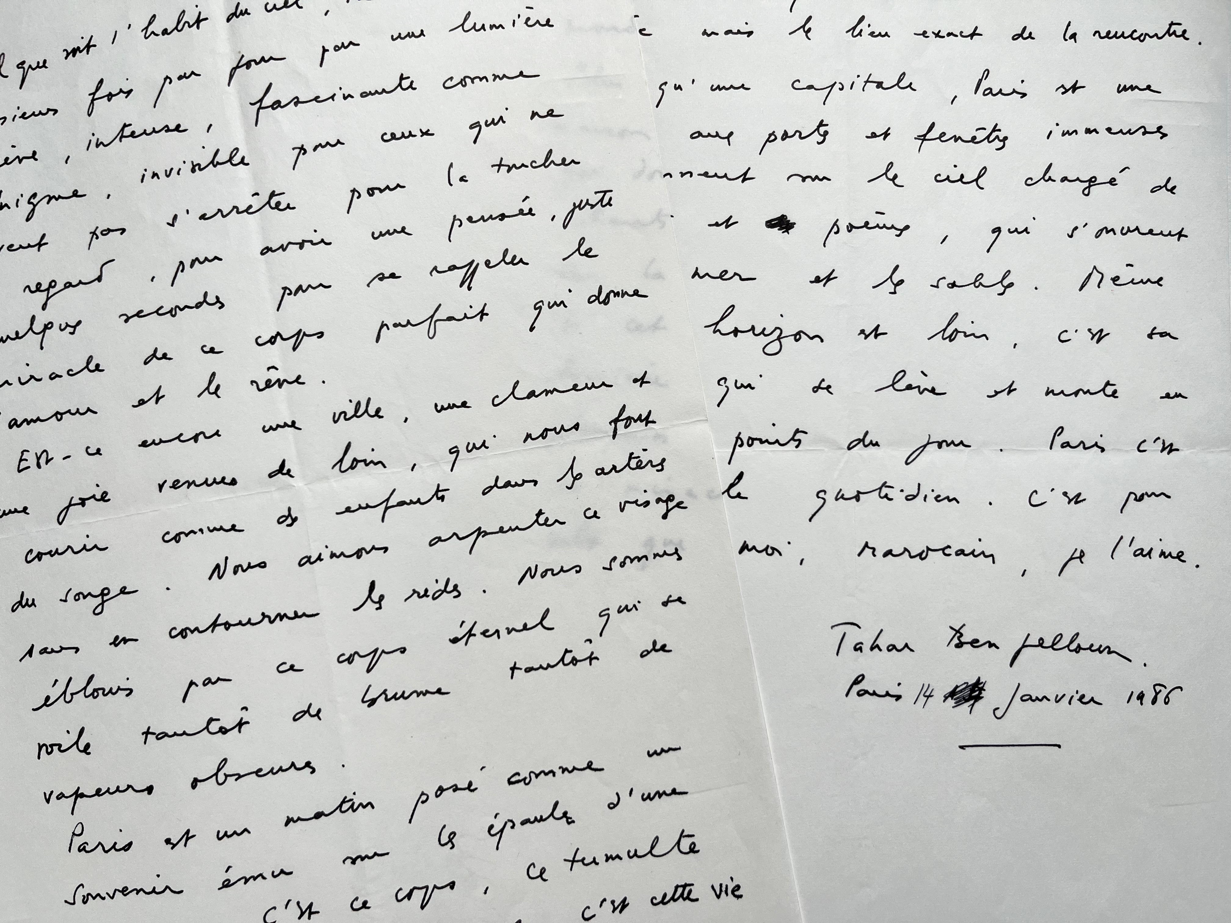 Manuscrit d’une magnifique ode à la ville de Paris par Tahar Ben Jelloun