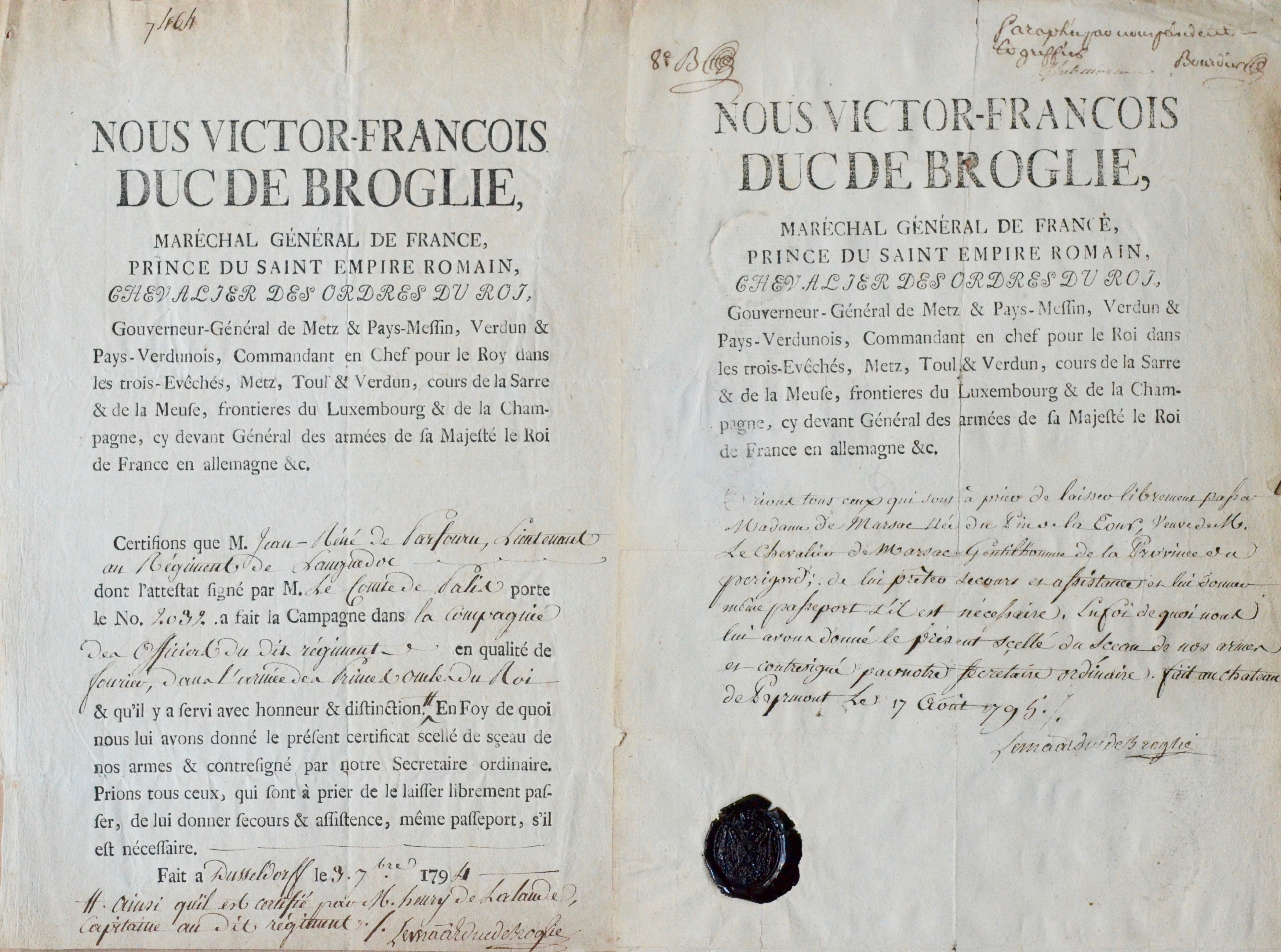 Émigration : deux documents signés par le maréchal duc de Broglie en 1794 et 1795