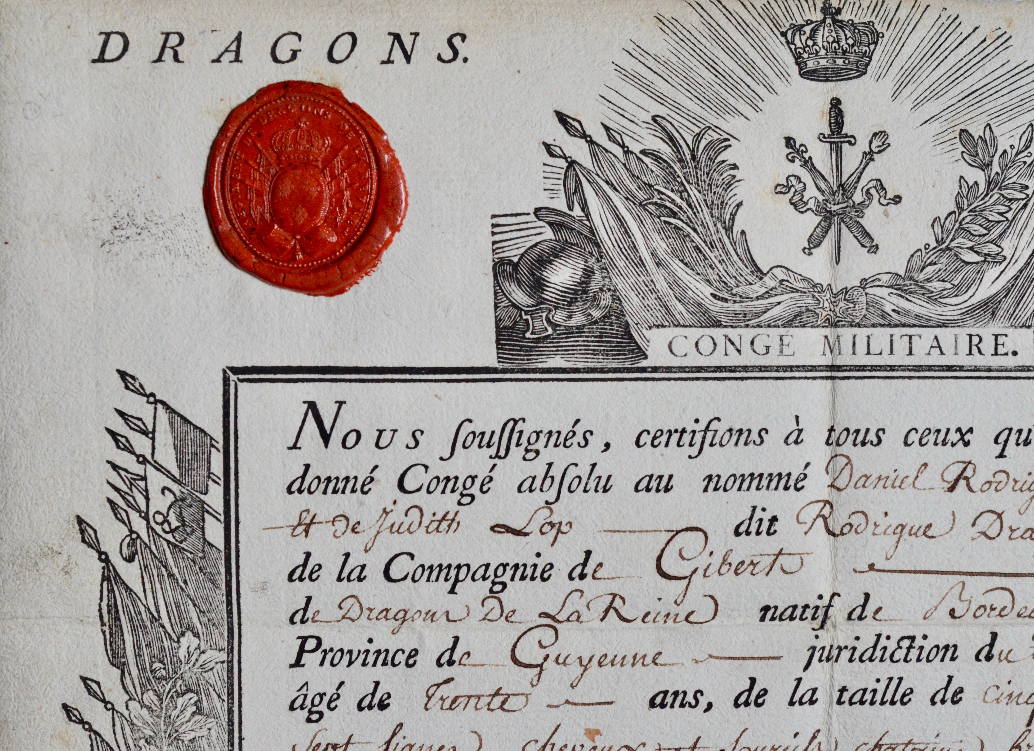 Congé absolu de 1781 pour un dragon du régiment de la Reine