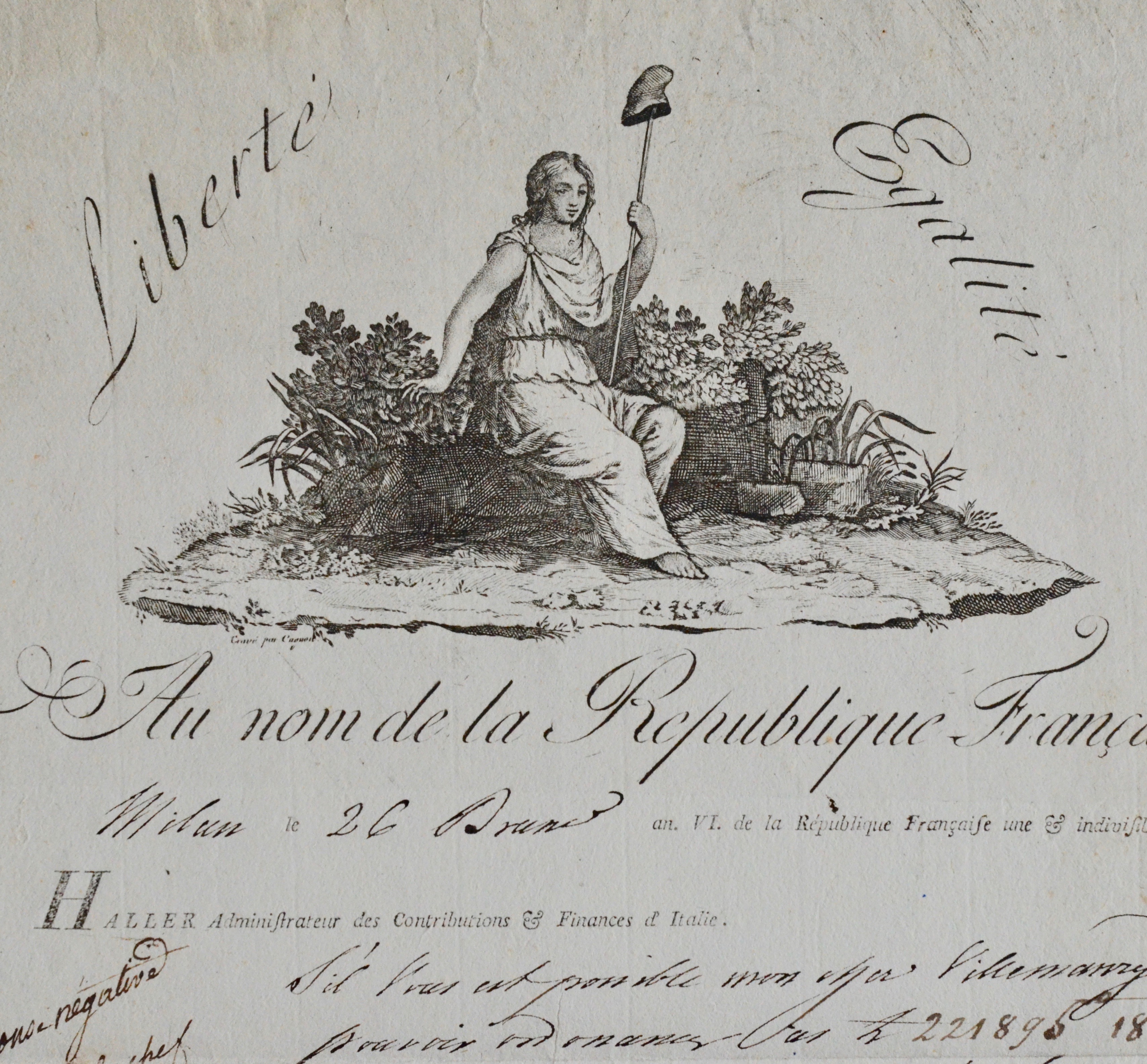 Lettre ornée d’une grande vignette emblématique d’Emanuel Haller, trésorier de l’Armée d’Italie