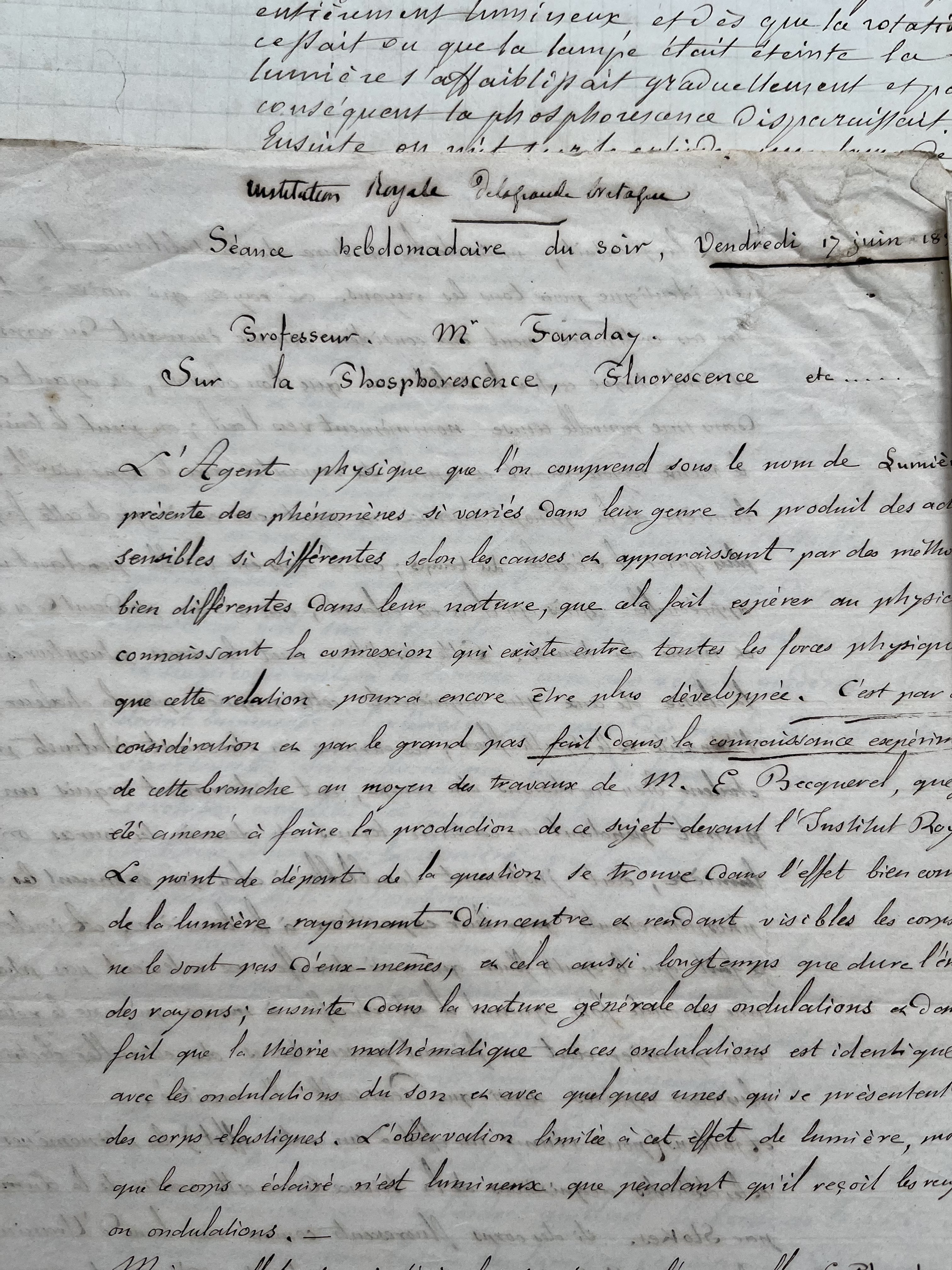 4 manuscrits sur les travaux de Faraday sur la phosphorescence et la fluorescence, provenant des archives Becquerel