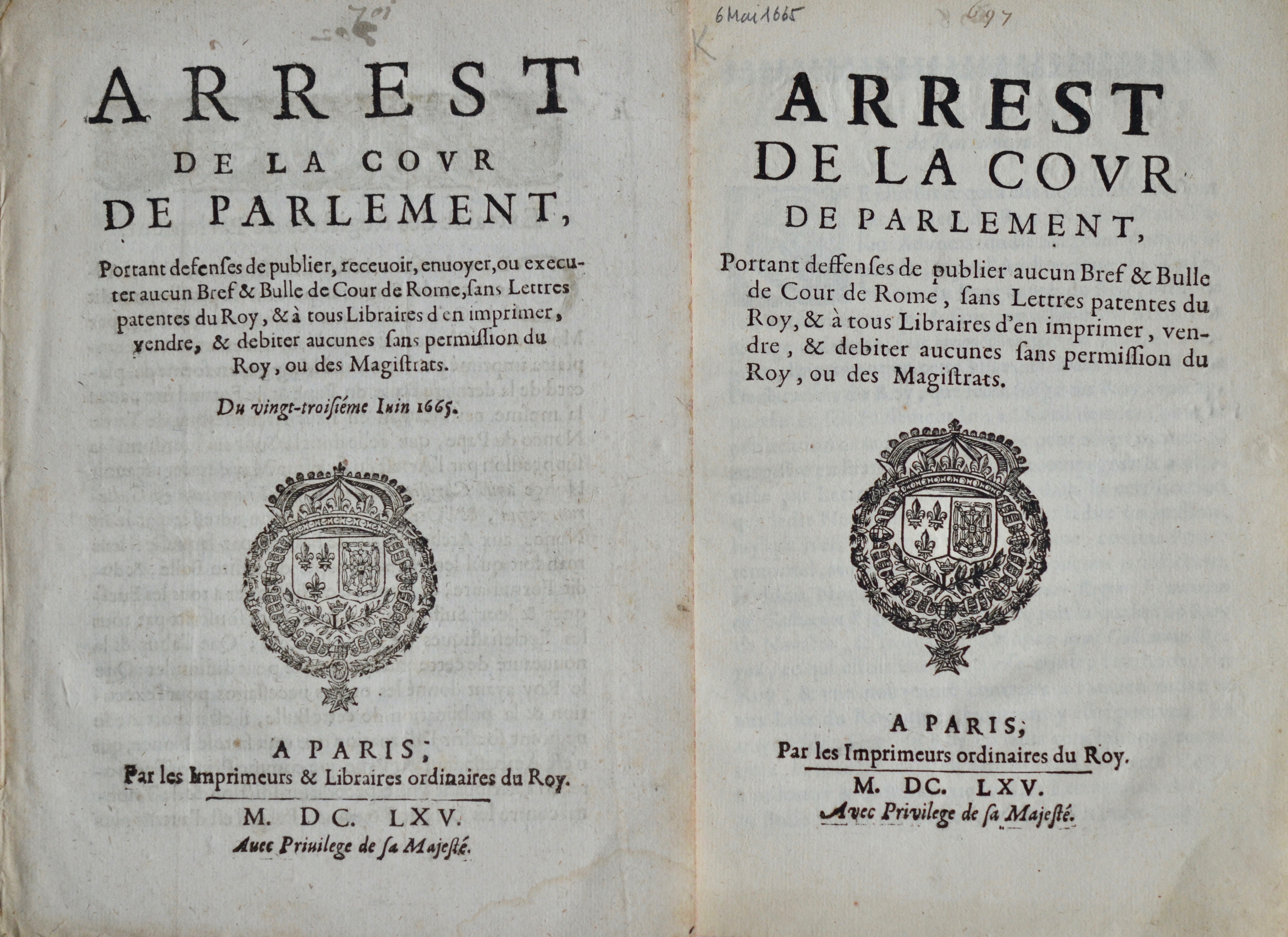 2 imprimés du XVIIe siècle, interdisant la publication des bulles papales sans autorisation du Roi