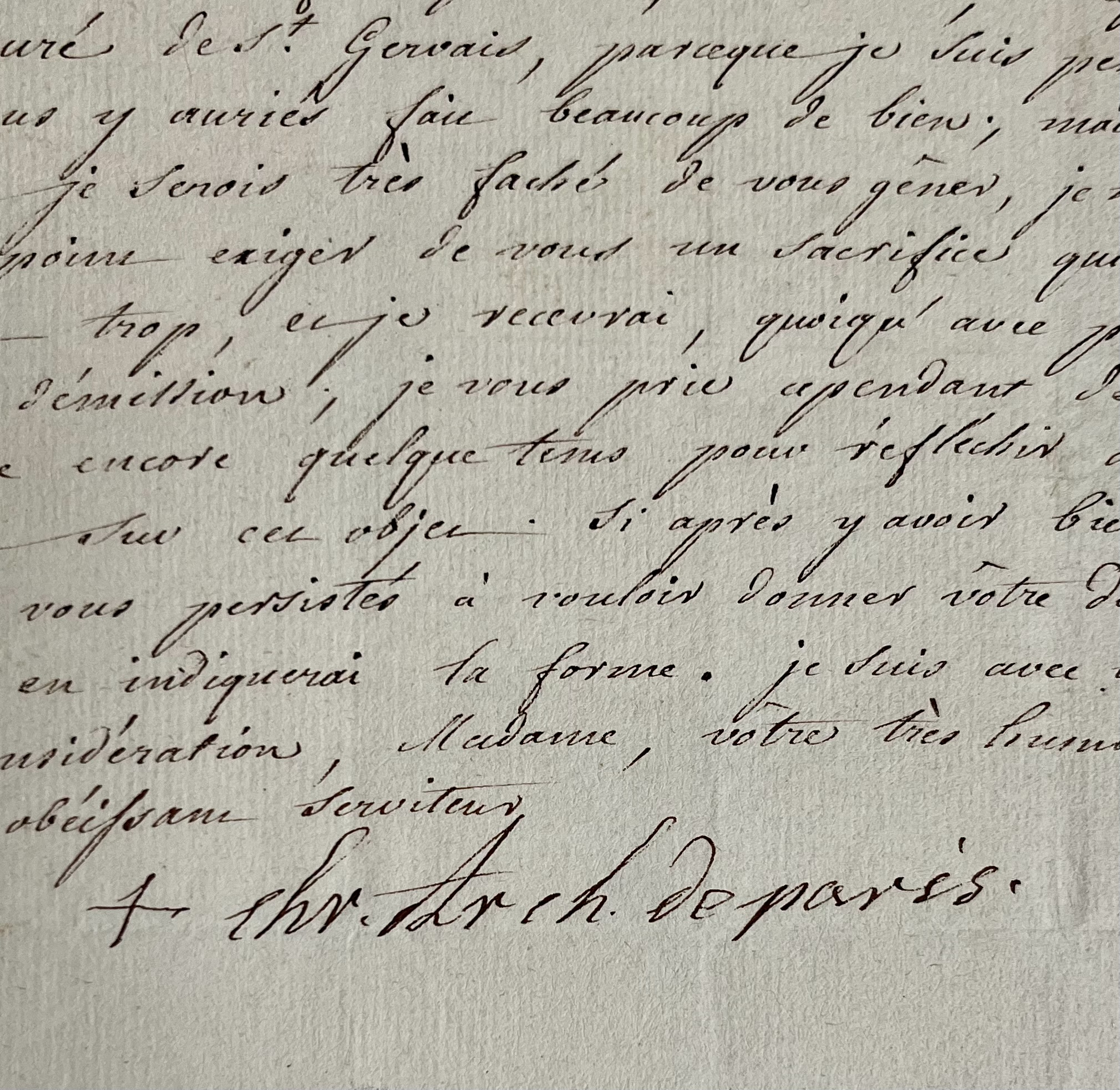 L’archevêque de Paris se résoud à ne pas imposer le prieuré de Saint-Gervais à Mme de Saint-Paul