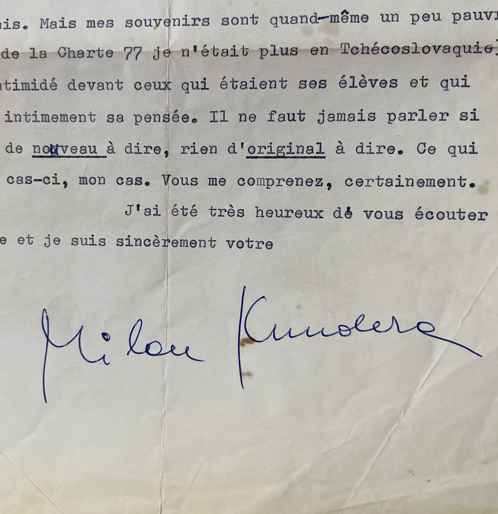 Milan Kundera dit son admiration pour le grand philosophe tchèque Jan Patocka