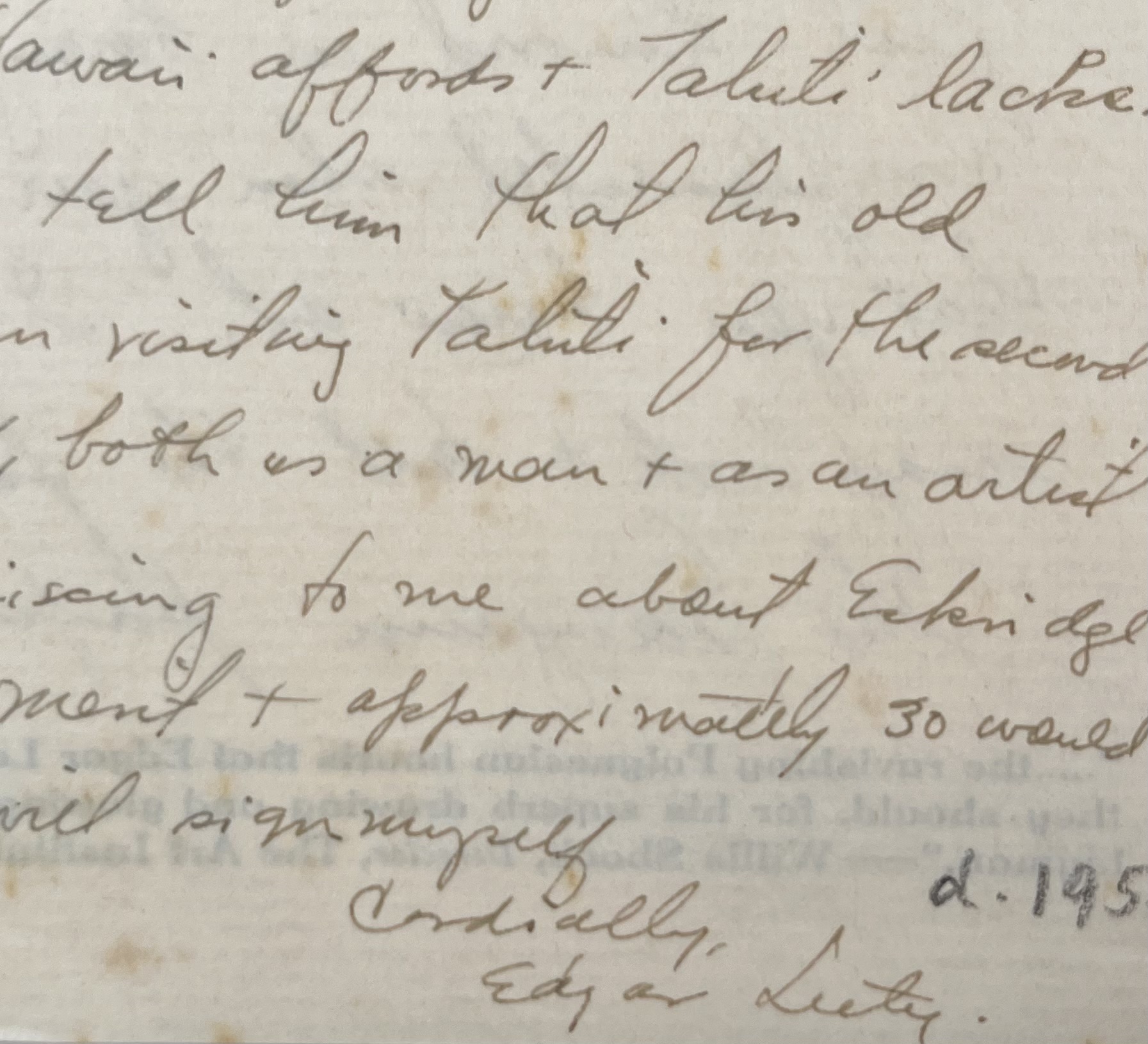 Le peintre américain Edgar Leeteg écrit de Papeete au traducteur de documents de Gauguin