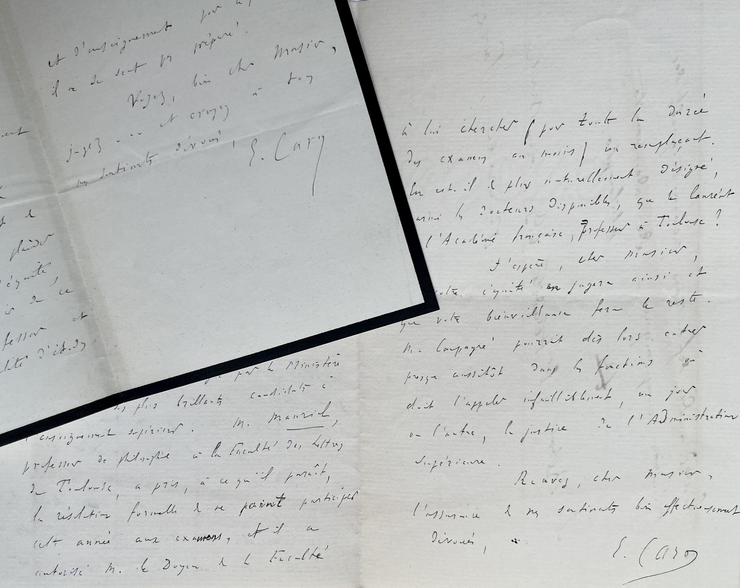 Deux lettres d’Elme Caro recommandant Emmanuel des Essarts et Gabriel Compayré