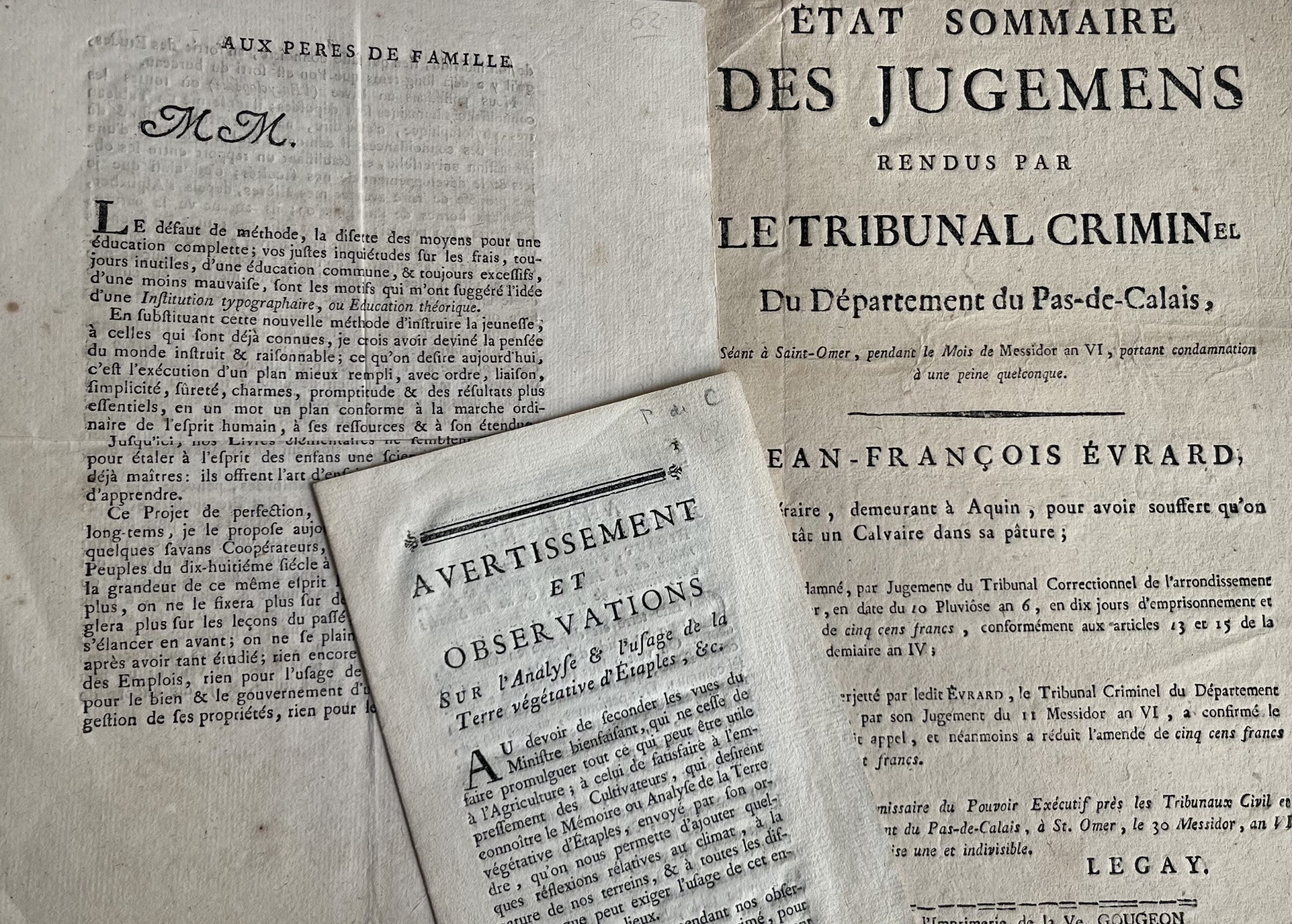 Ensemble de 3 imprimés du XVIIIe siècle, relatifs au Pas-de-Calais