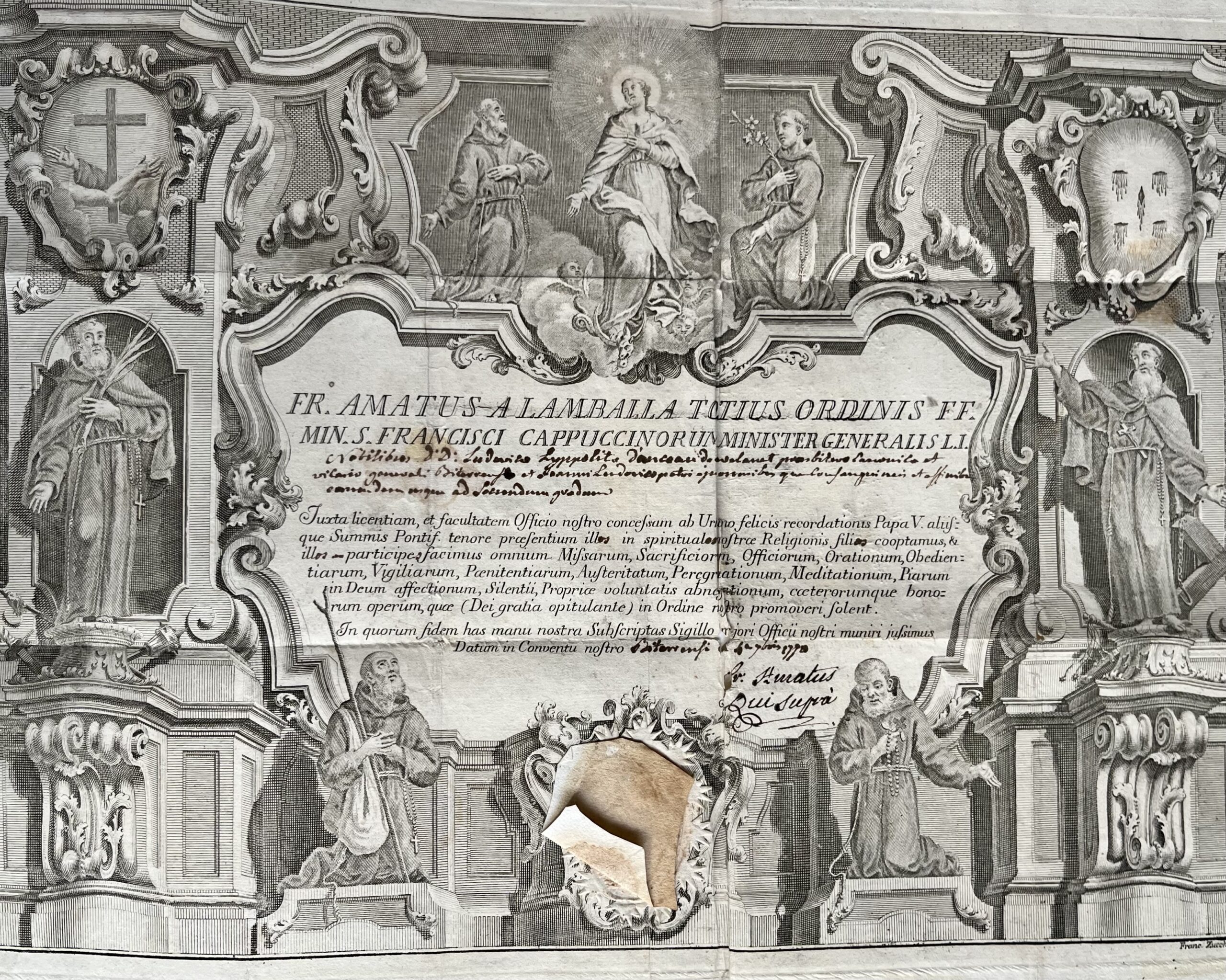 Superbe diplôme du XVIIIe des Capucins de Béziers