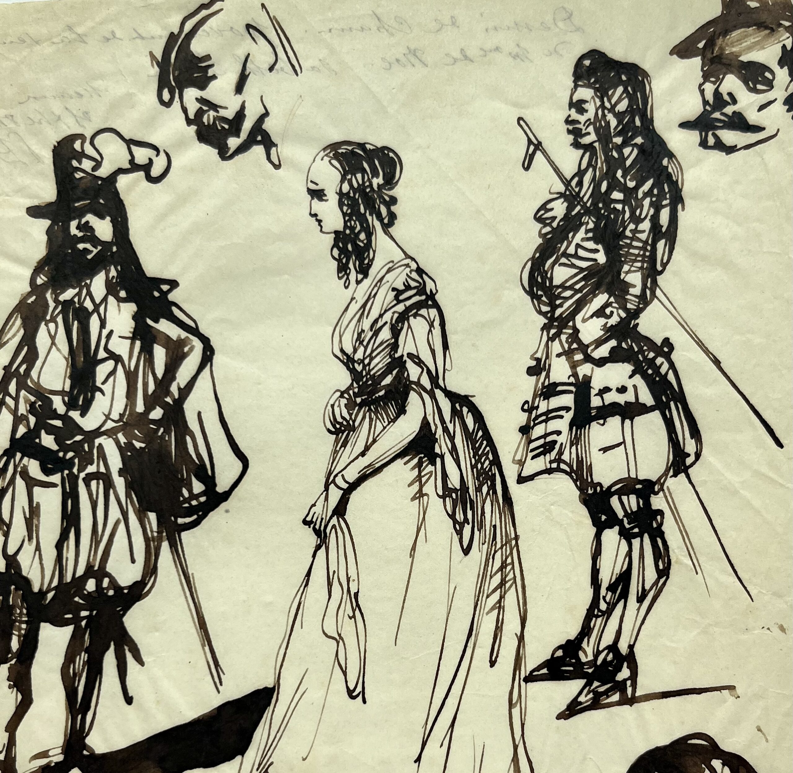 Feuille de dessins à l’encre par le caricaturiste Cham, représentant 7 études de personnages