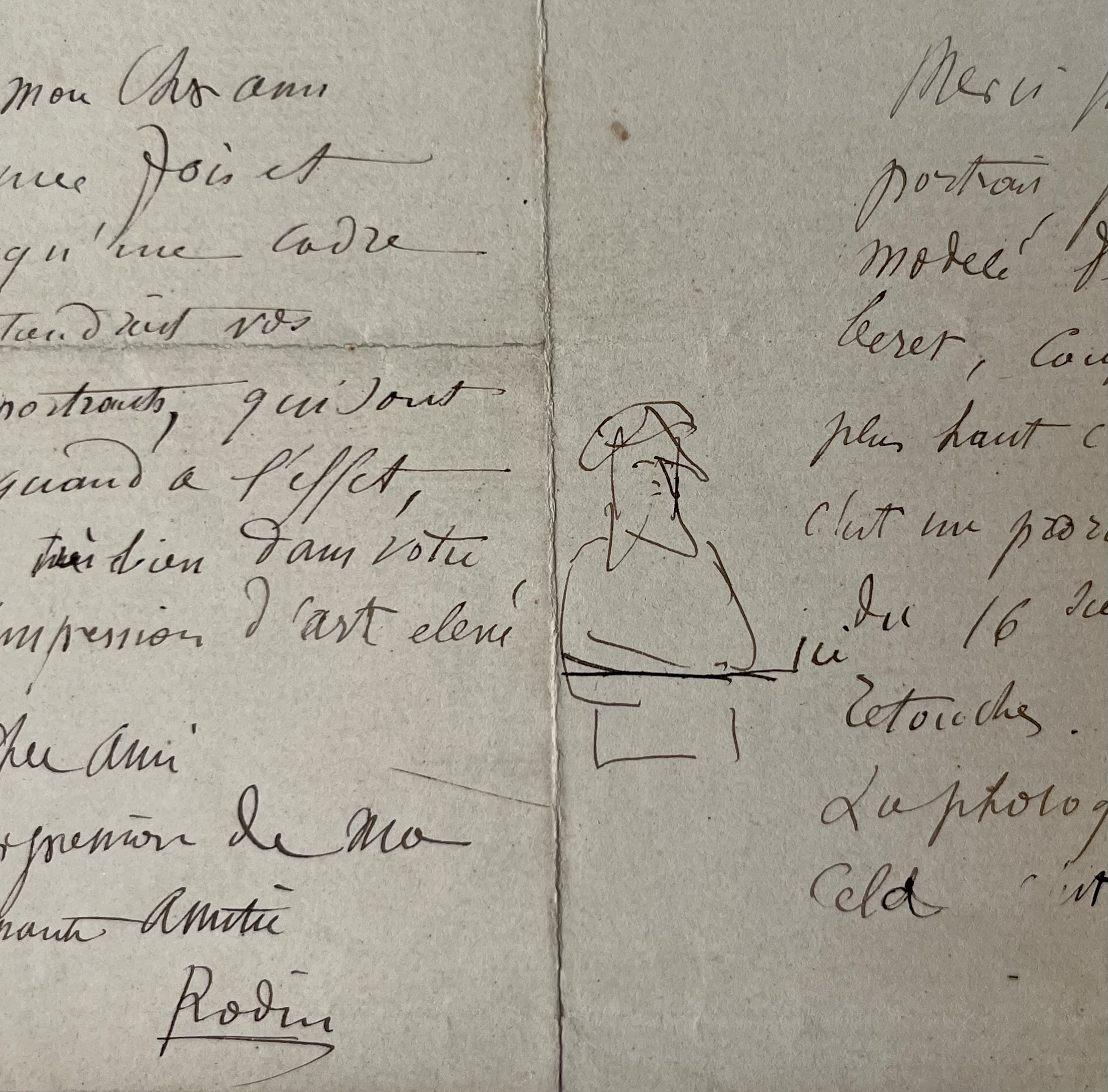 Importante lettre d’Auguste Rodin illustrée d’un autoportrait au béret