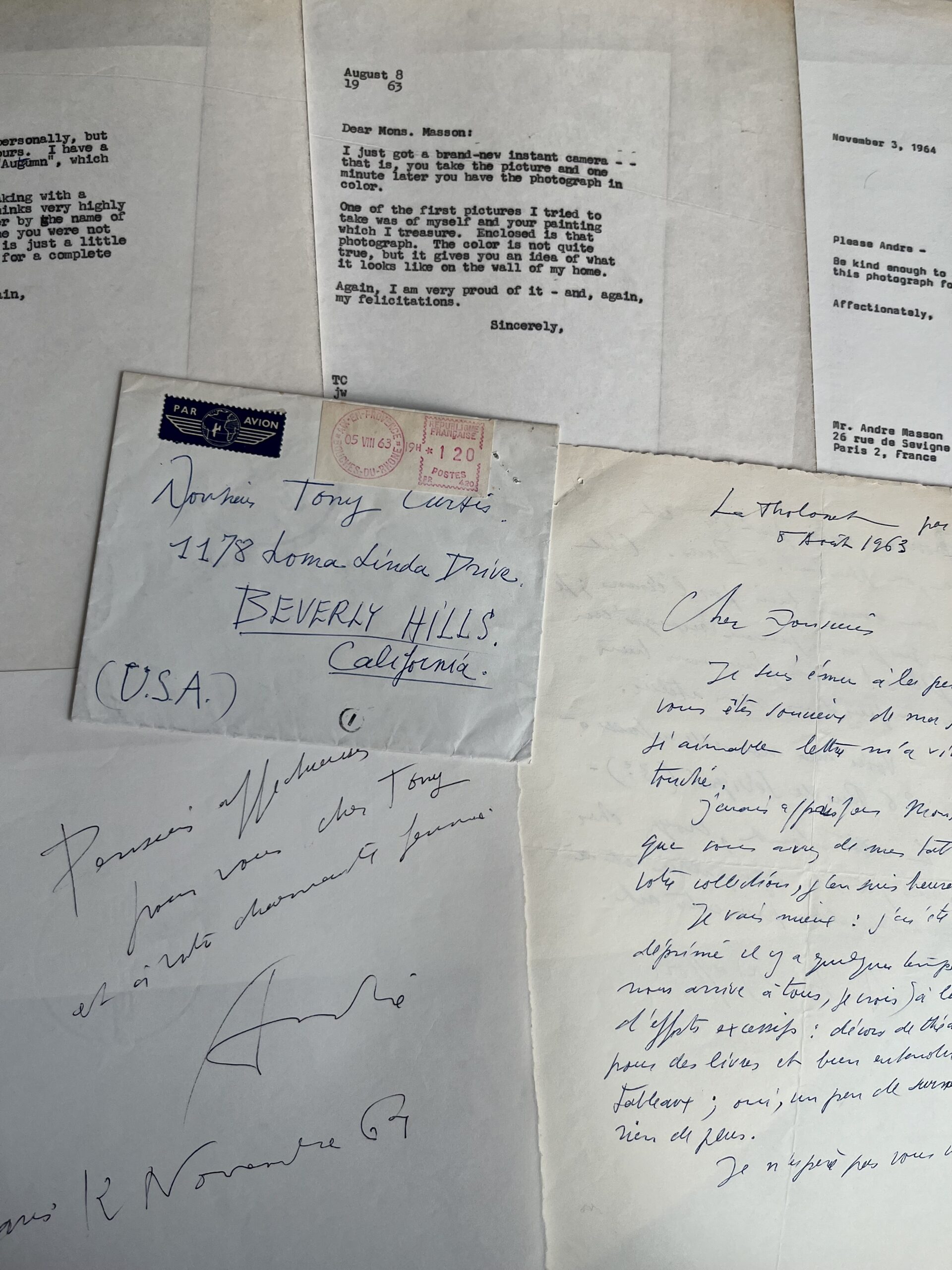 Lettre du peintre André Masson adressée à l’acteur américain Tony Curtis