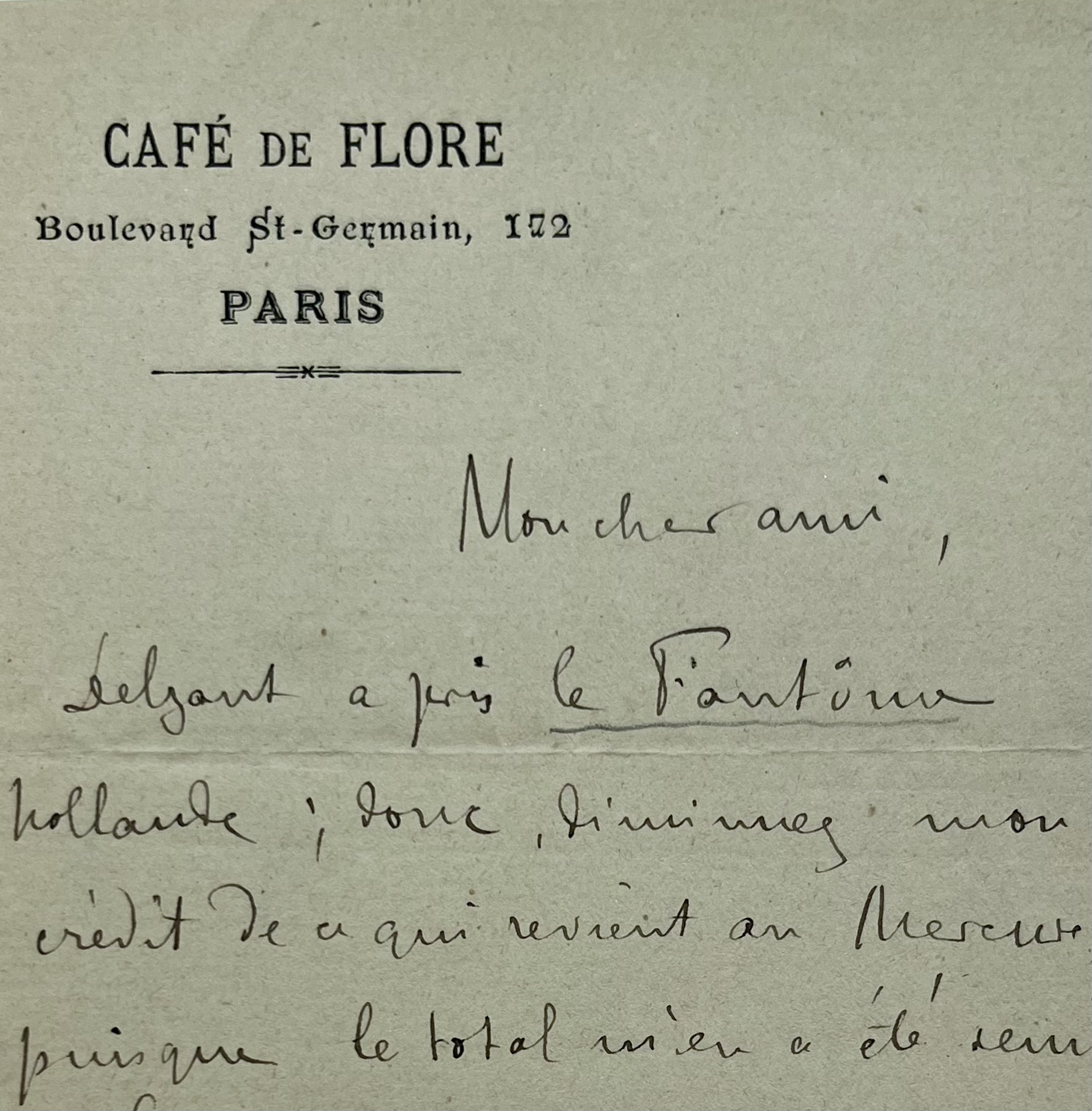 Lettre de Rémy de Gourmont écrite du Café de Flore