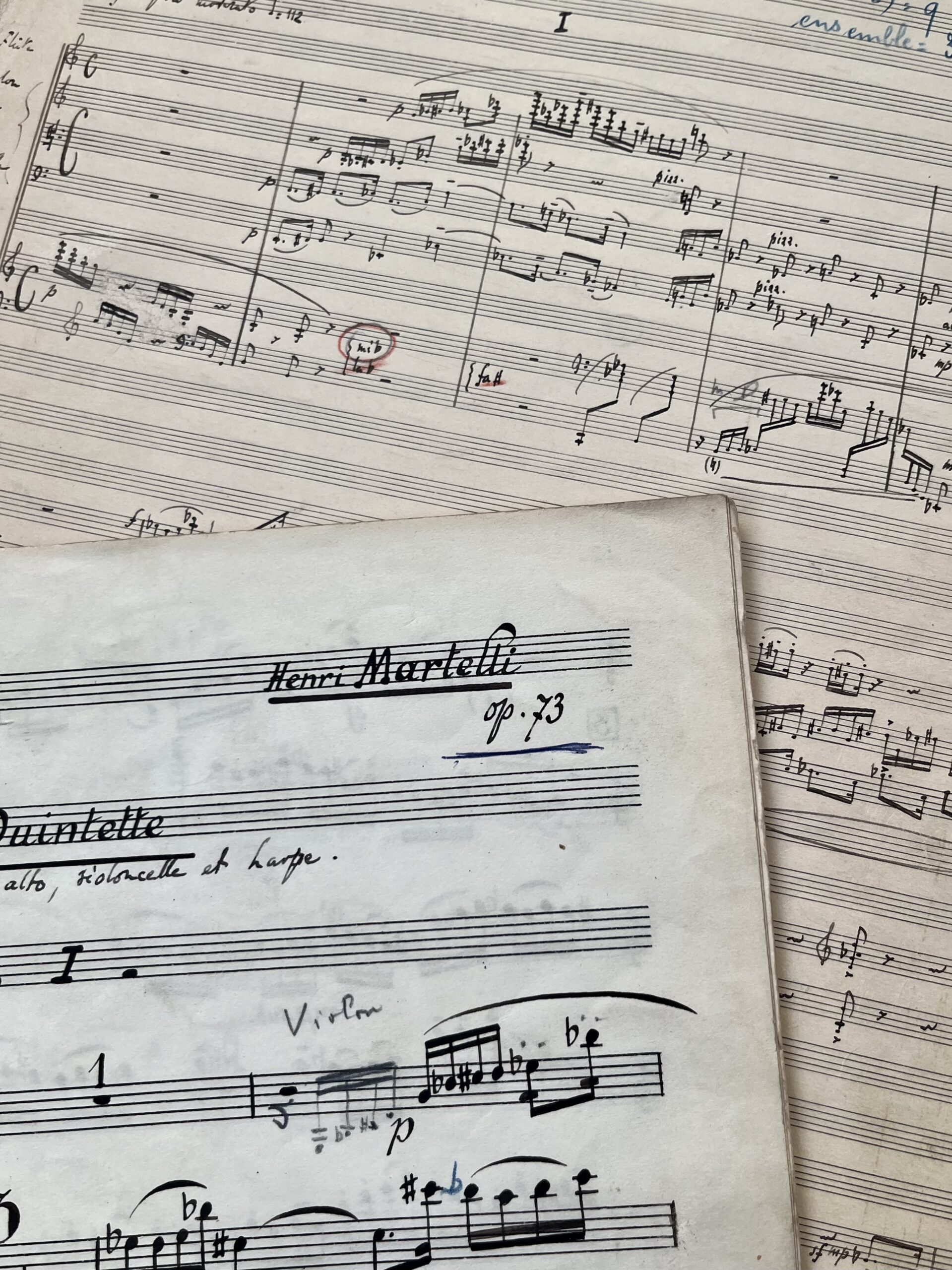 Manuscrit musical complet du premier quintette d’Henri Martelli pour cordes, flûte et harpe
