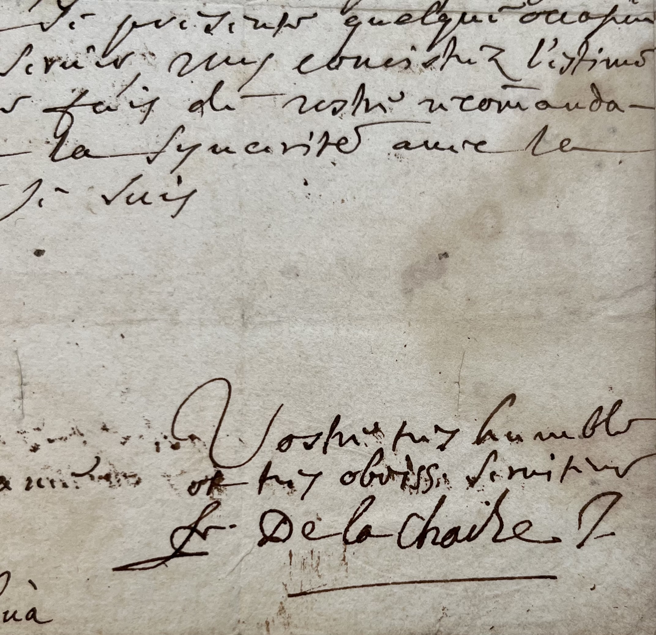 Rare lettre autographe du Père La Chaize, confesseur de Louis XIV, qui donna son nom au cimetière