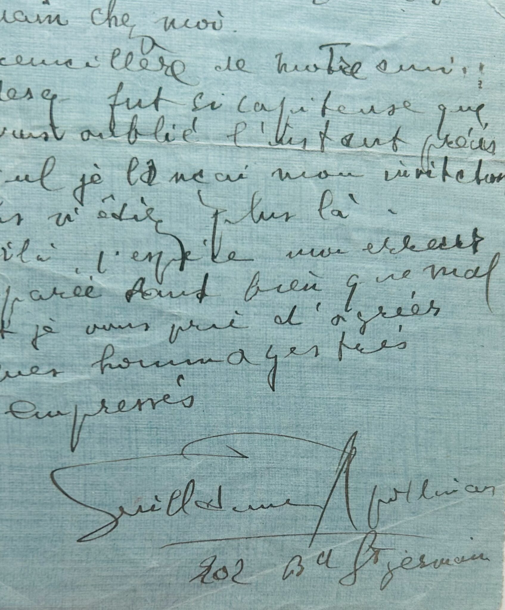 Lettre inédite de Guillaume Apollinaire à Louise Faure-Favier