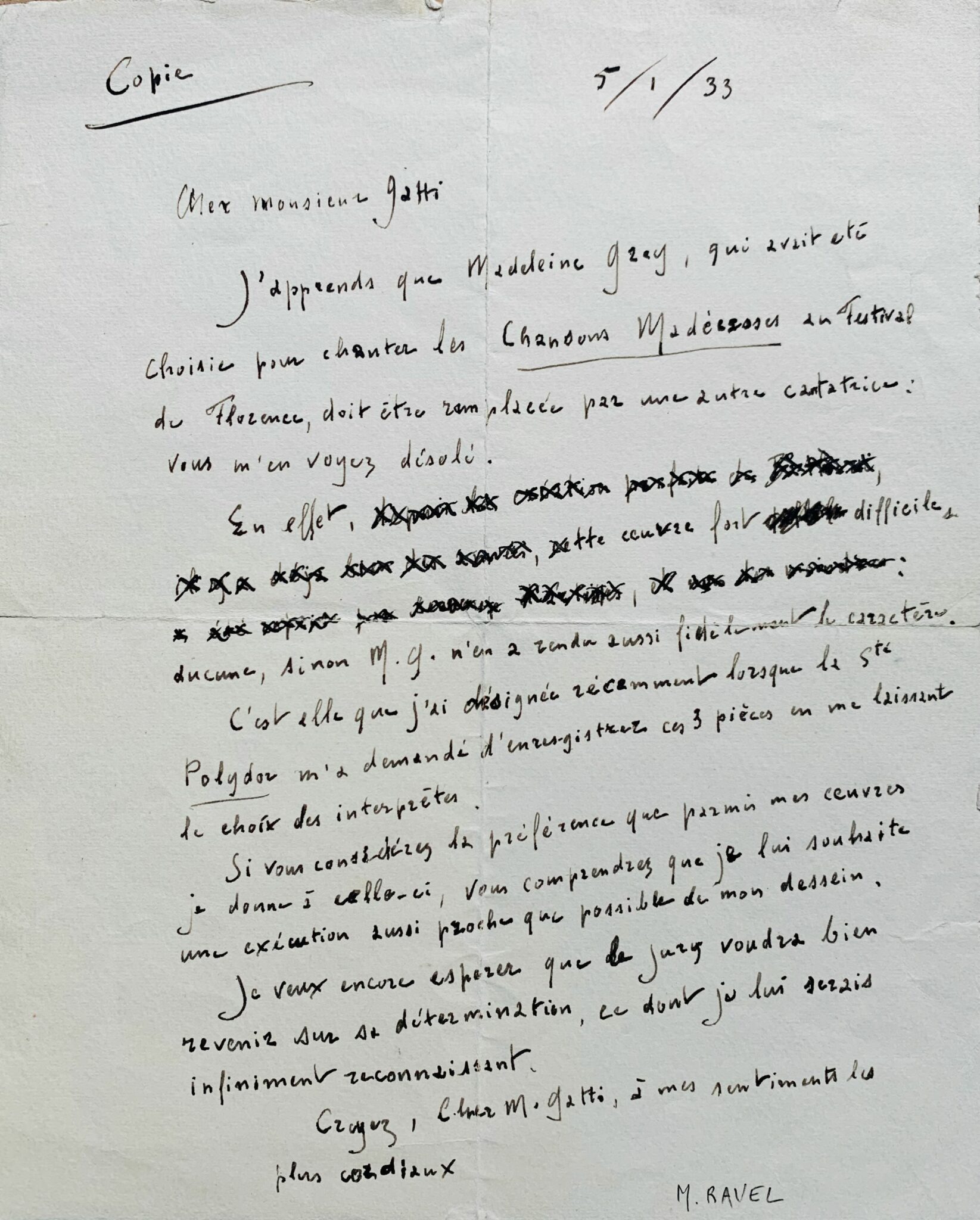 Lettre de Maurice Ravel sur les Chansons madécasses 2 - 1