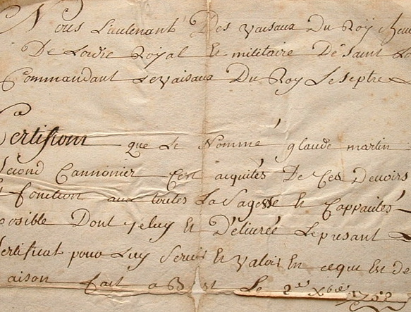 Un lieutenant de vaisseau de Louis XV délivre un certificat.