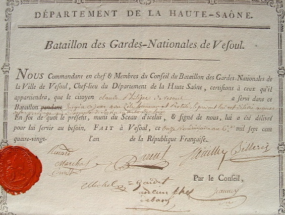 Certificat de la Garde Natinale de Vesoul.