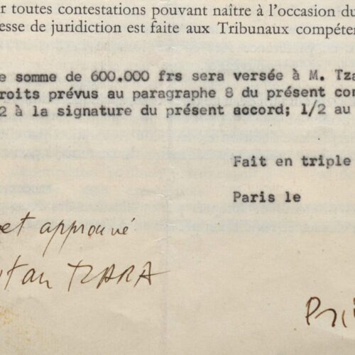 Contrat d'édition signé par Tristan Tzara pour Le Secret de François Villon.