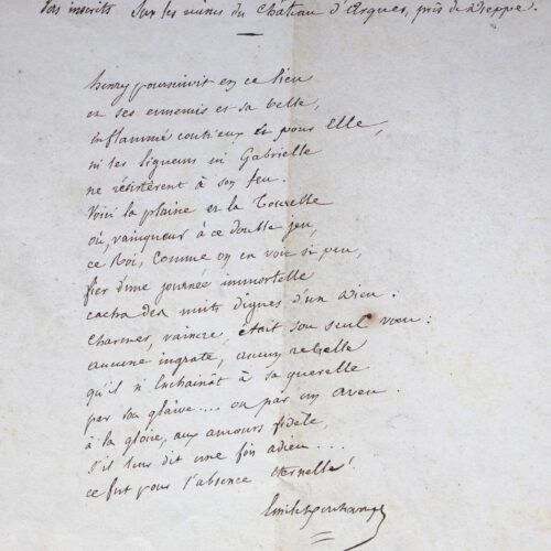 Manuscrits d'une fable et d'un poème d'Emile Deschamps.