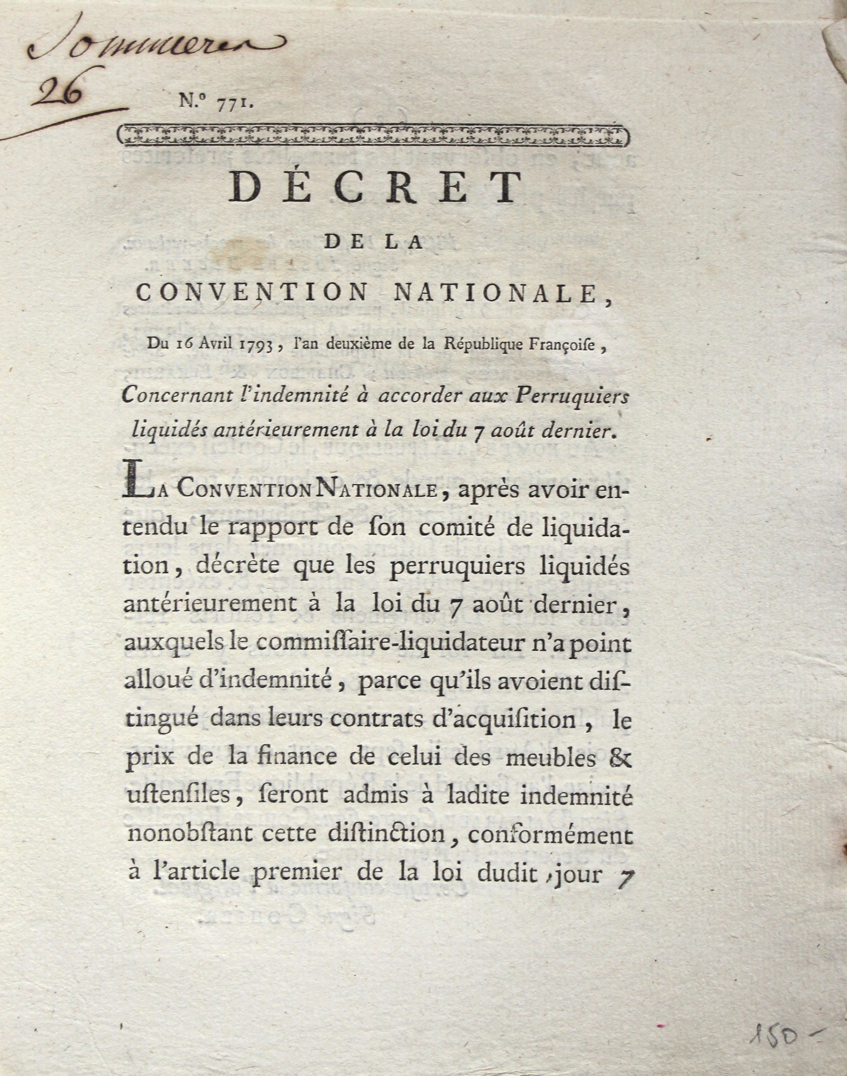 Deux lois du XVIIIe relatives aux barbiers et perruquiers.