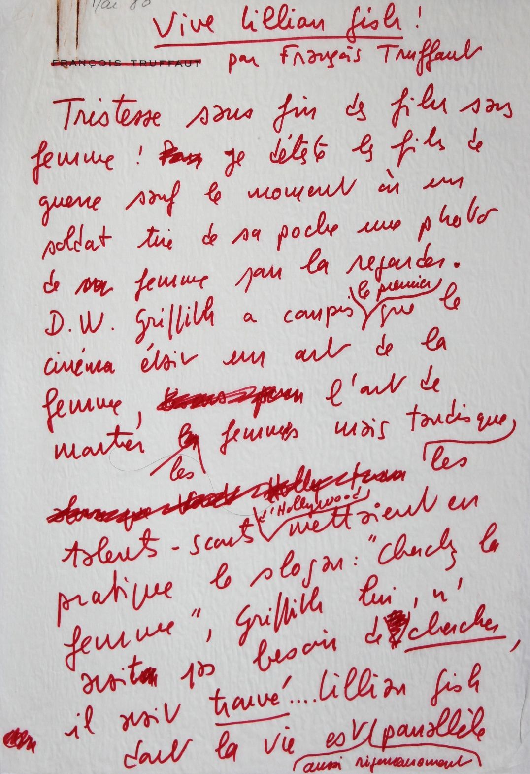 Manuscrit d’un bel article de François Truffaut sur Lillian Gish.