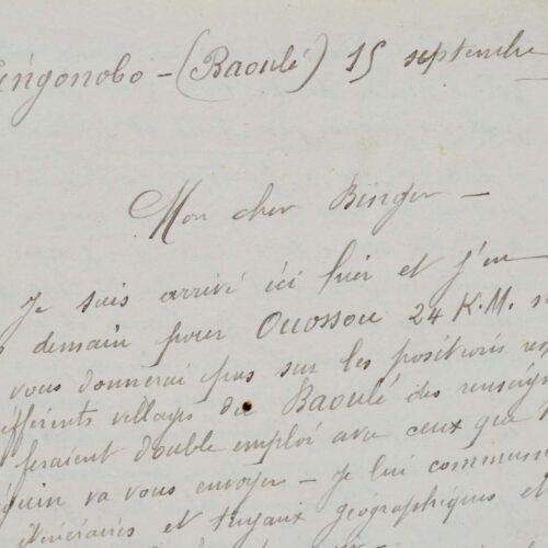 Très intéressante lettre de Marchand à Binger sur l'exploration des territoires Baoulé.