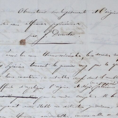 Manuscrit de Joseph Durocher : "De l'origine des eaux sulfureuses pyrénéennes"