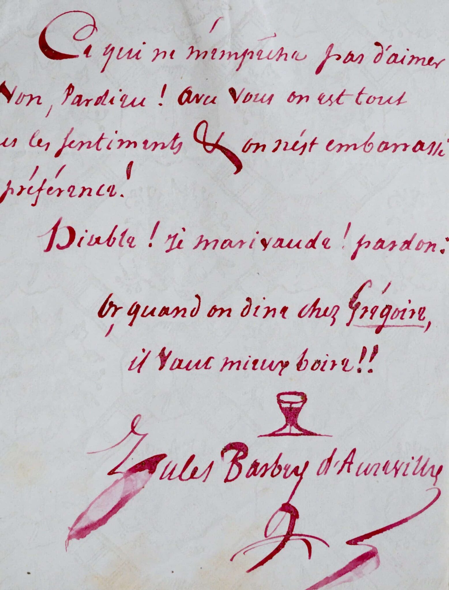 Barbey : « Des vers, du gigot à l’ail, du Chambertin, combinaison charmante ! »