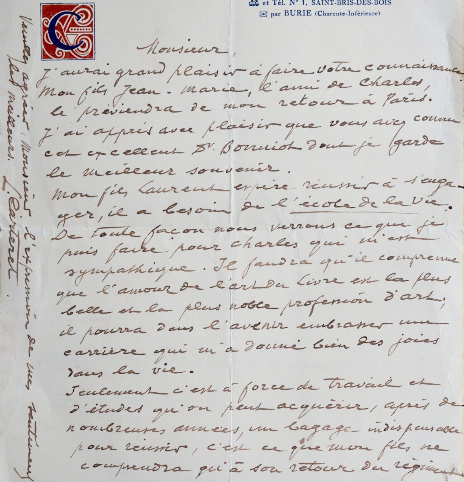 Lettre du grand bibliophile Léopold Carteret
