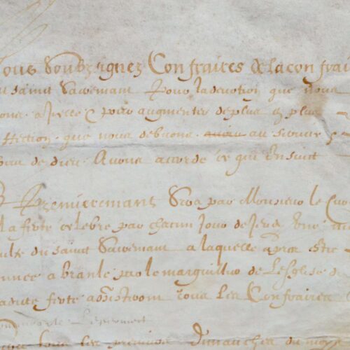 Manuscrit de 1622 sur les règles de la Confrérie du St Sacrement, à la Ferté-Hubert