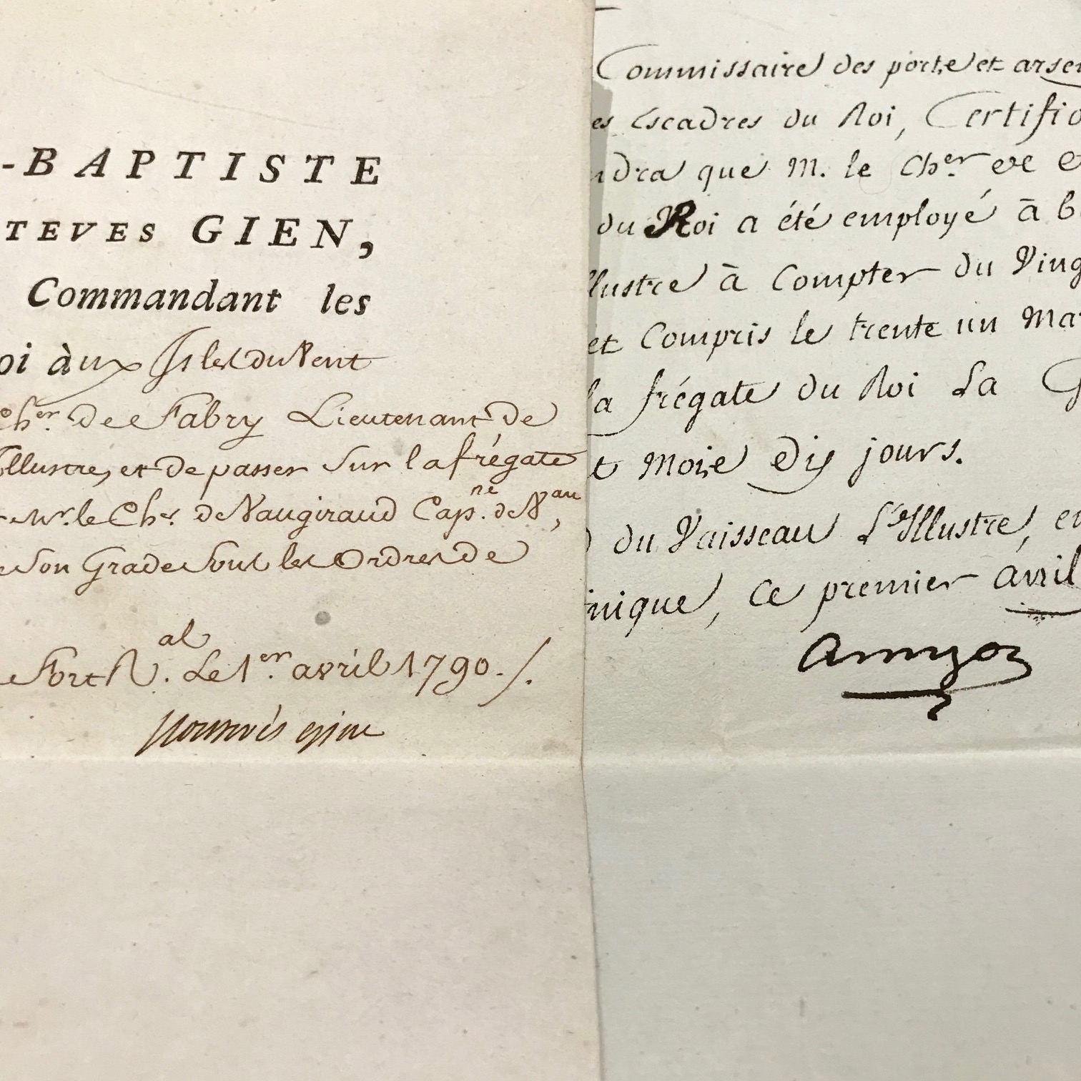Deux documents rédigés à bord du vaisseau l’Illustre, en Martinique, en 1790