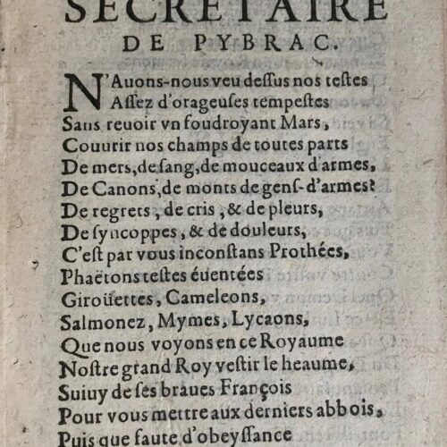 Rare poème imprimé intitulé "Le Secretaire de Pybrac", sur les guerres de religion