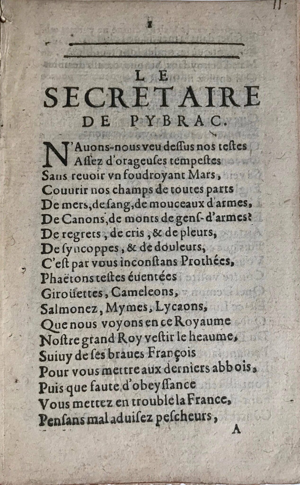 Rare poème imprimé intitulé « Le Secretaire de Pybrac », sur les guerres de religion