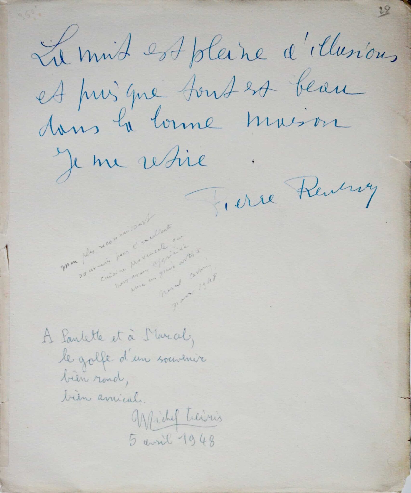 Pierre Reverdy, Marcel Cachin et Michel Leiris écrivent leurs remerciements aux Péju