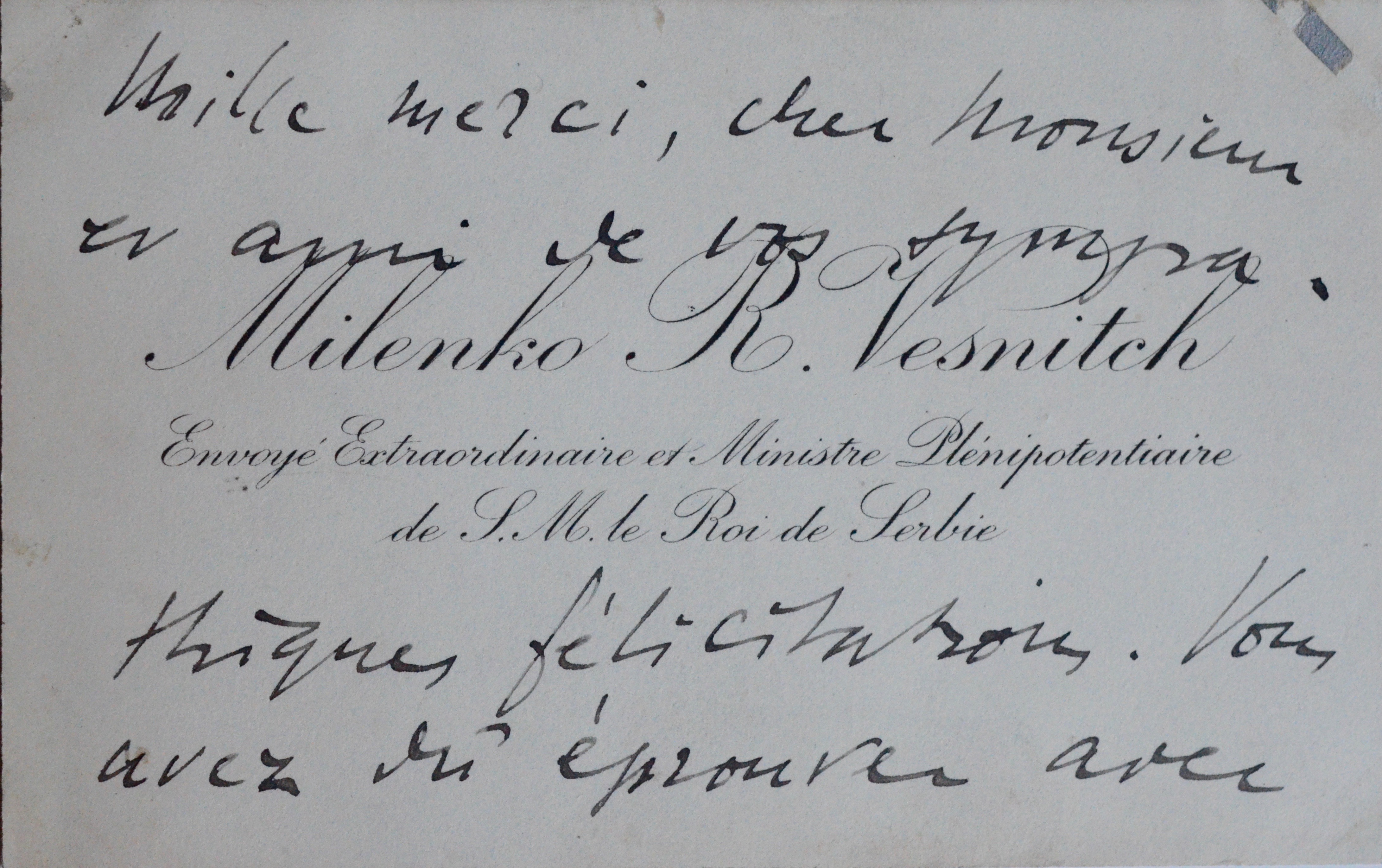 Le ministre du Roi de Serbie, Milenko R. Vesnitch, évoque la victoire