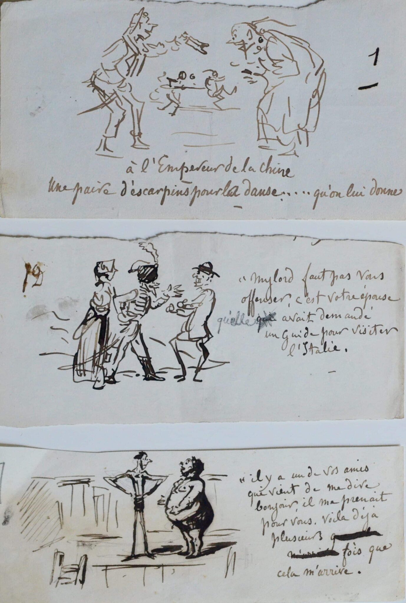 3 jolis dessins à l’encre brune d’Amédée de Noé, dit Cham