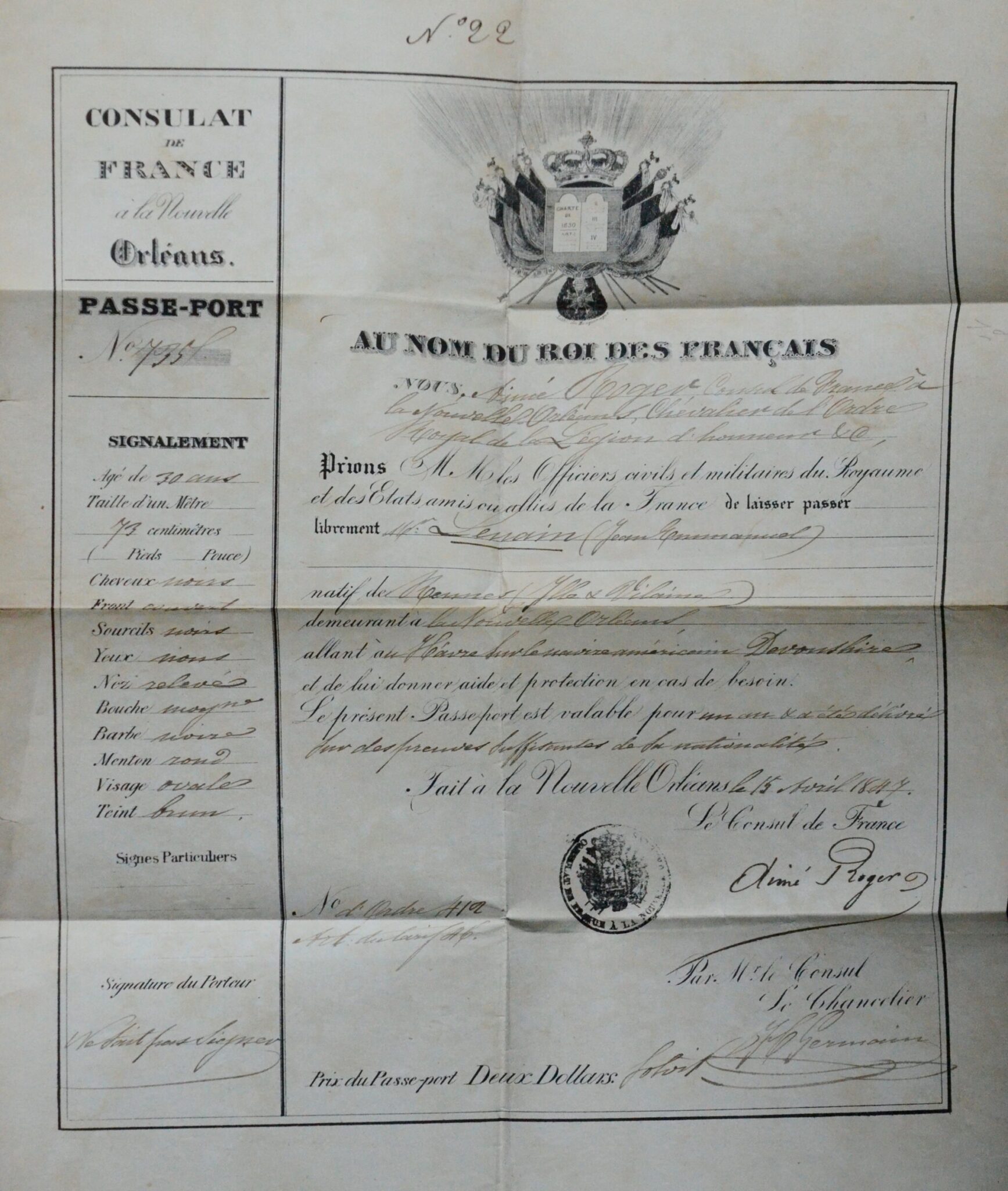 1847: Passaporto rilasciato a un francese a New Orleans, Louisiana