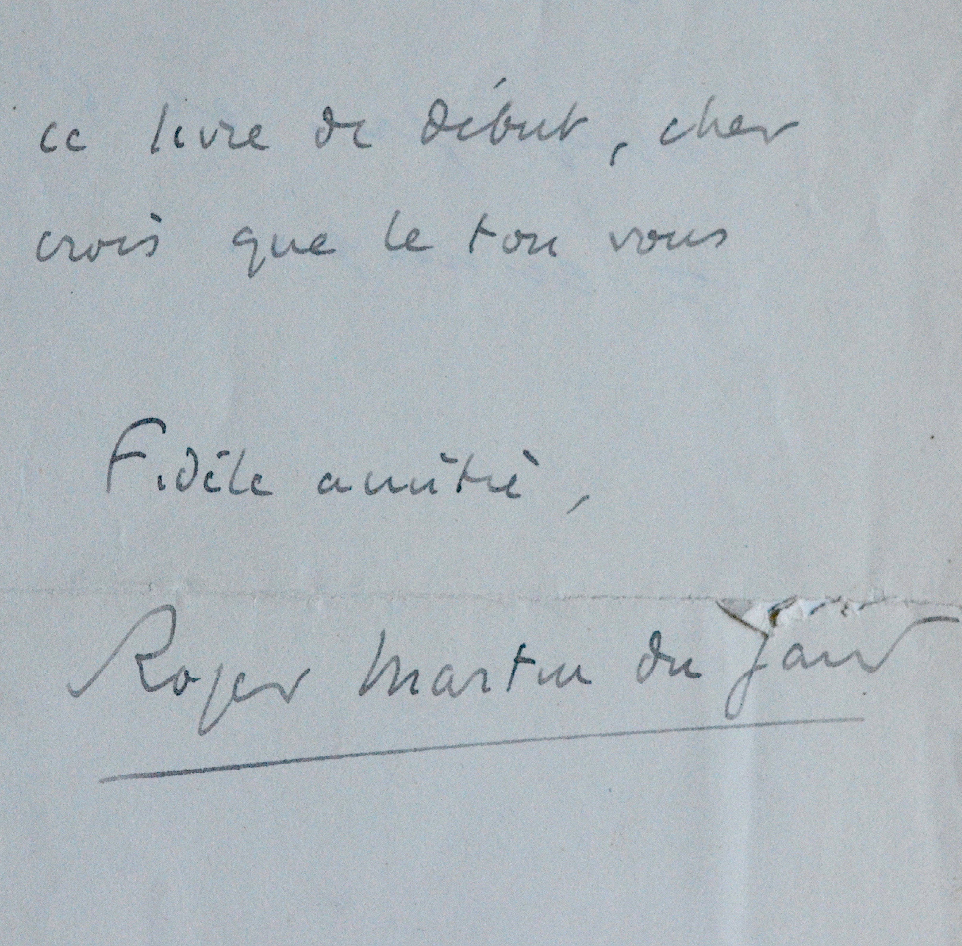 Roger Martin du Gard recommande un ouvrage à son ami Marcel Jouhandeau