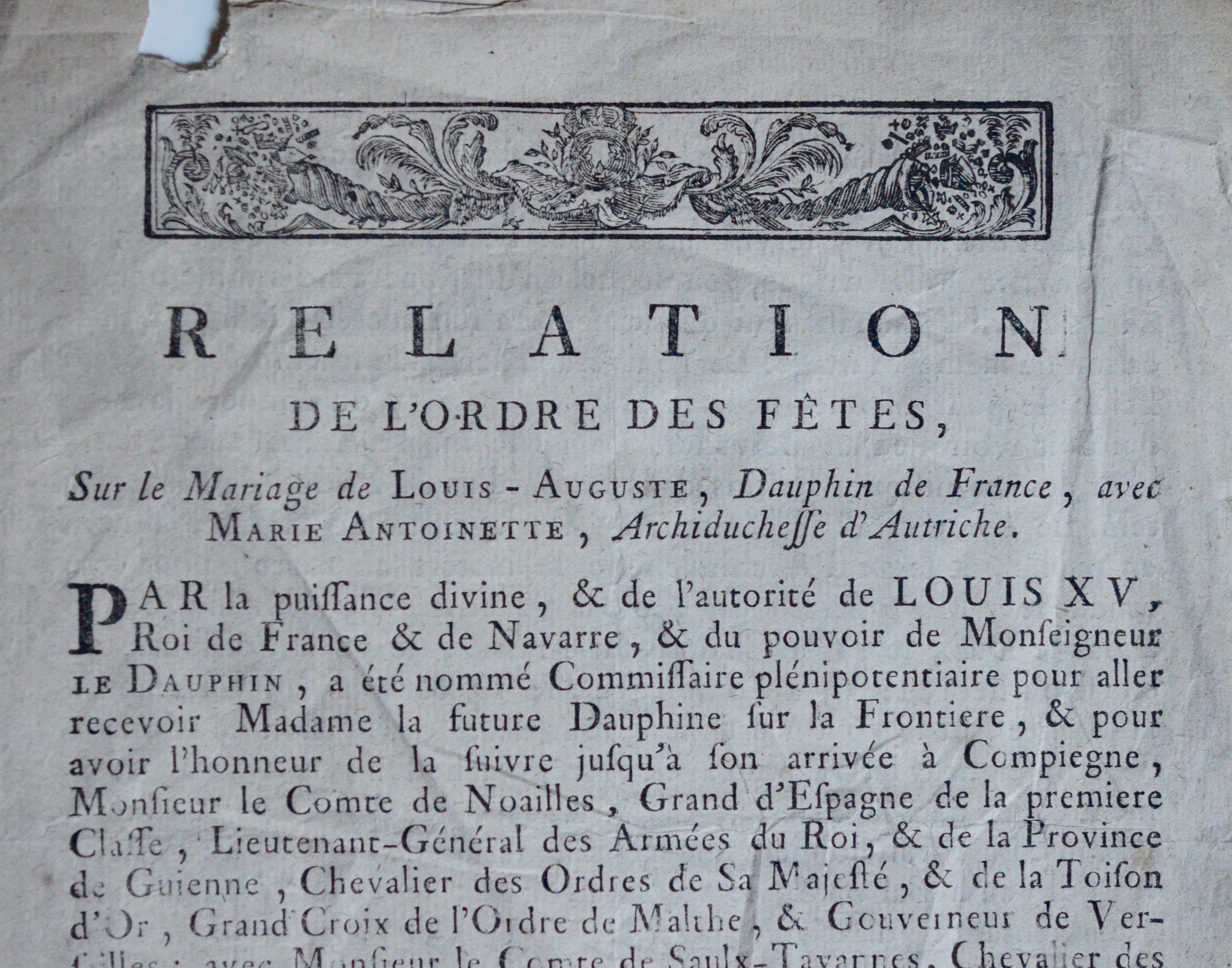 Rarissime imprimé de mai 1770, relatif au mariage de Marie-Antoinette