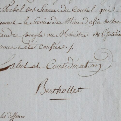 Lettre de chimiste Berthollet au minéralogiste Gillet de Laumont