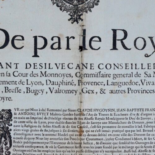 Affiche de 1683 sur les manufactures de dorure à Lyon et en Savoie