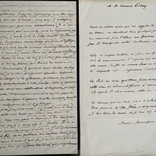 Très belle lettre de Marie Nodier à Laurent-Pichat, accompagnée d'un sonnet inédit