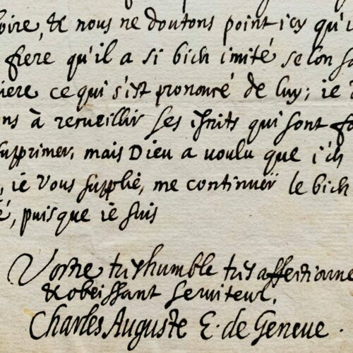 Belle et rare lettre du prince-évêque de Genève, Charles-Auguste de Sales, évoquant saint François de Sales