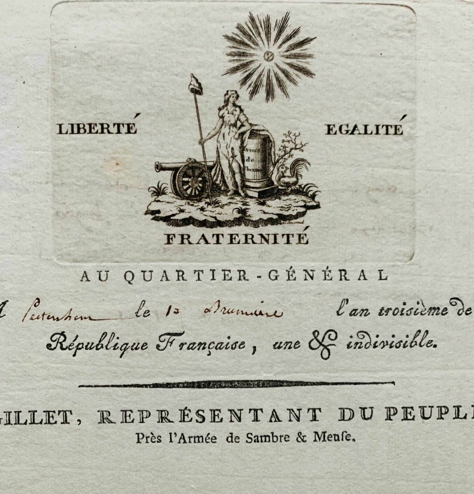 Lettre du conventionnel Pierre-Mathurin Gillet ornée d’une belle vignette emblématique signée Jacowick